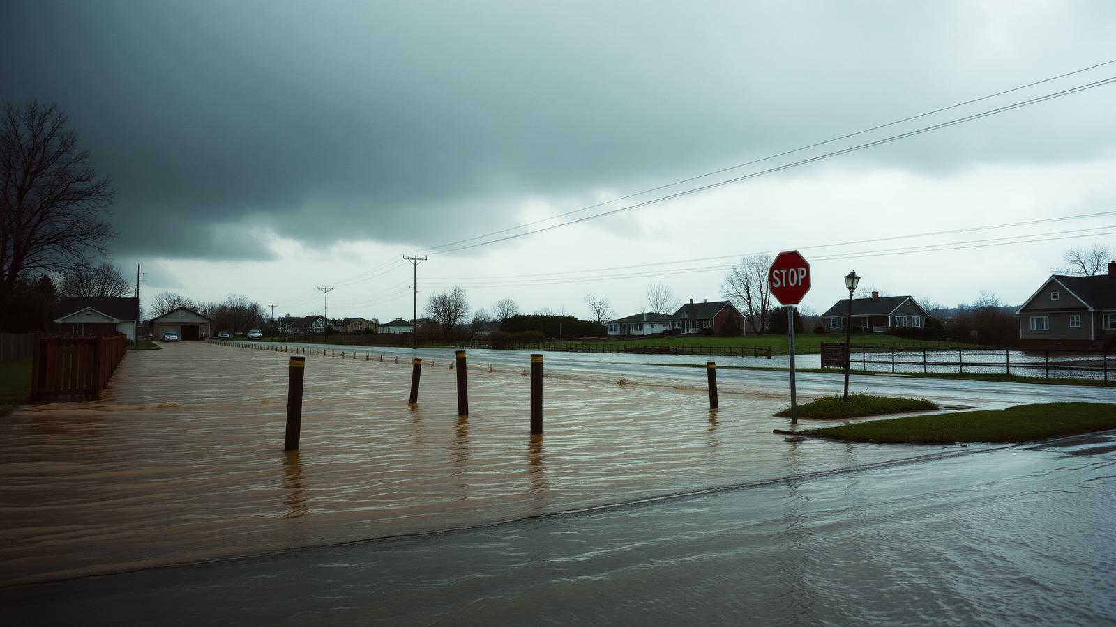 Brown floodwater covering a rural road past submerged fence posts under heavy storm clouds