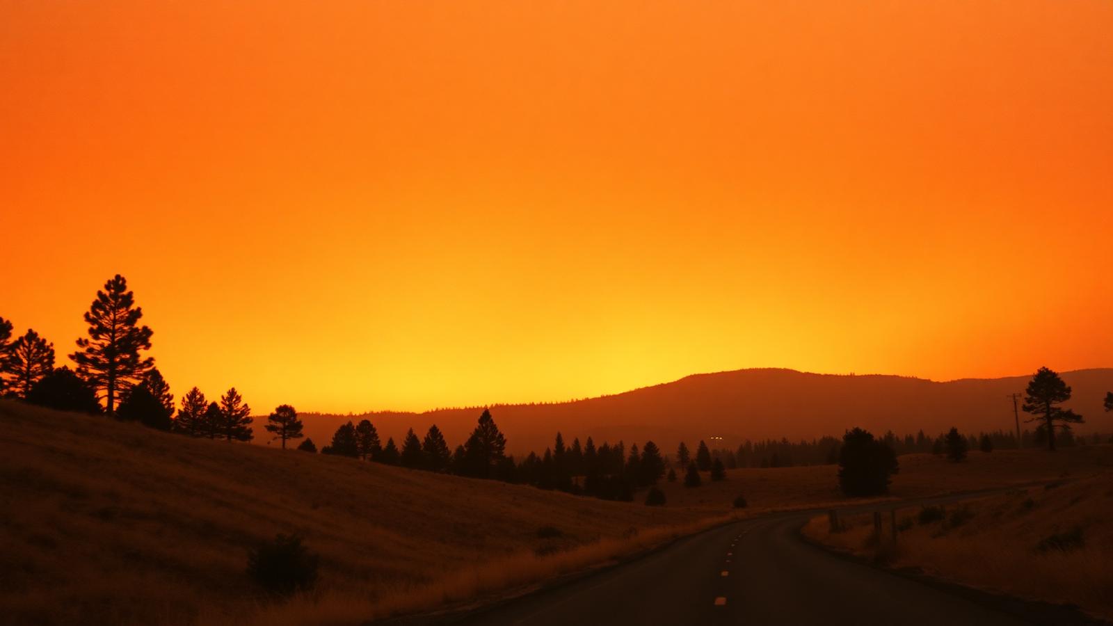 Orange wildfire smoke haze over dry hills with a rural evacuation road leading away from the ridge