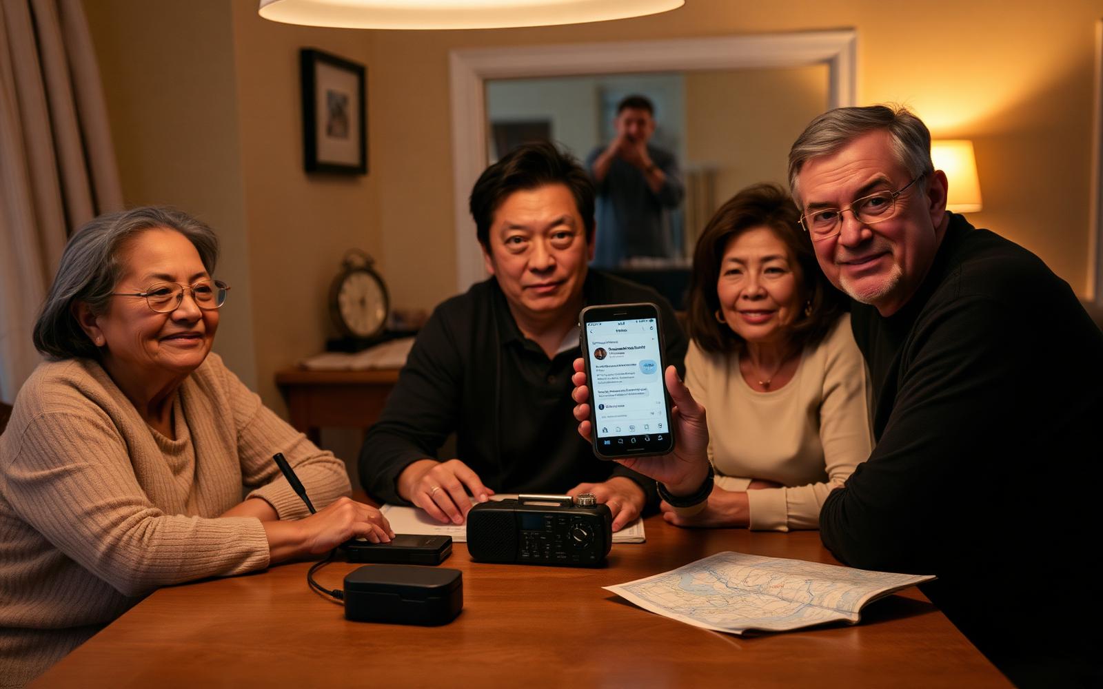 A family around a kitchen table reviewing a squad message thread on a phone beside a handheld radio and paper map