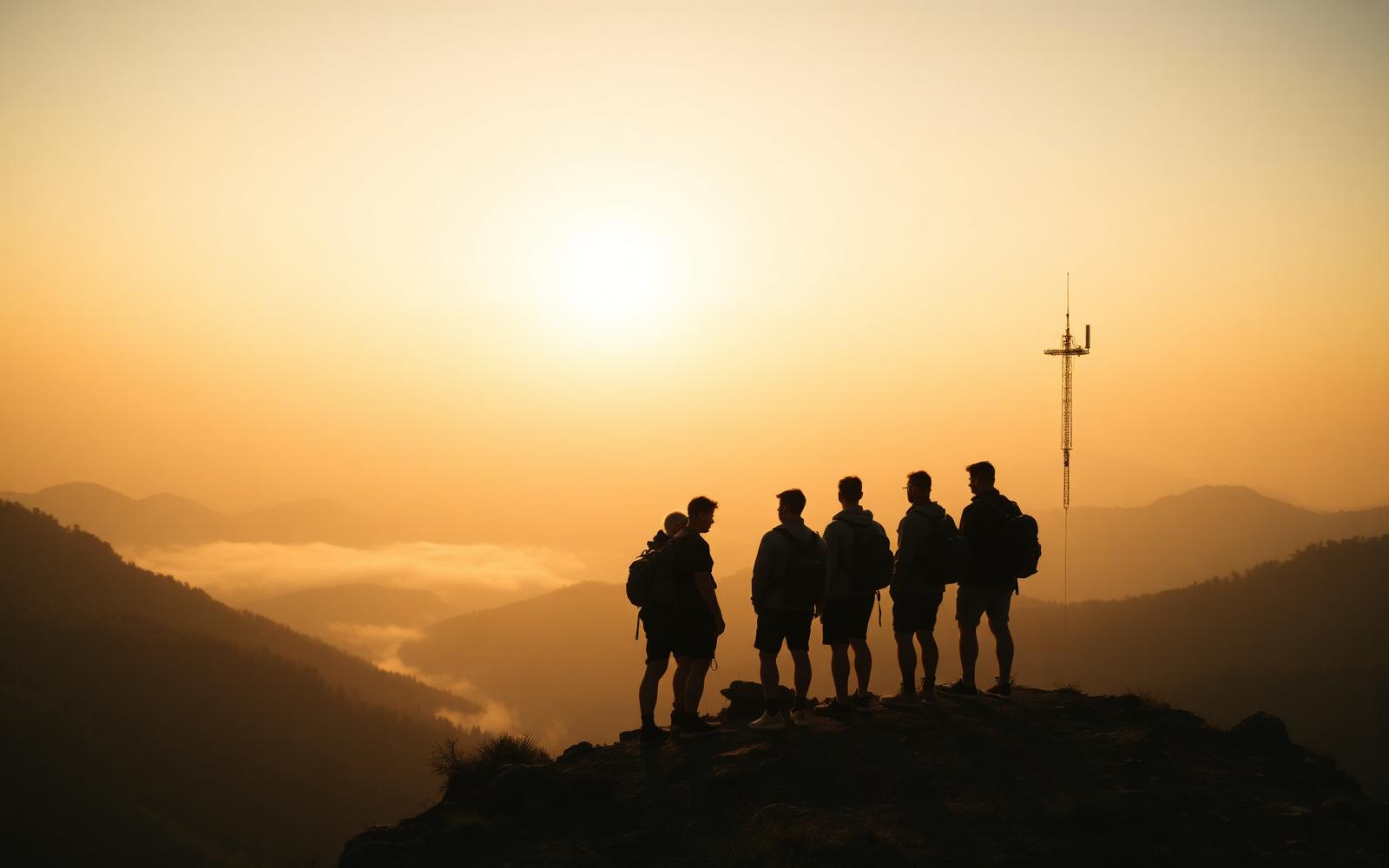 A squad on a ridge at sunset beside a radio antenna
