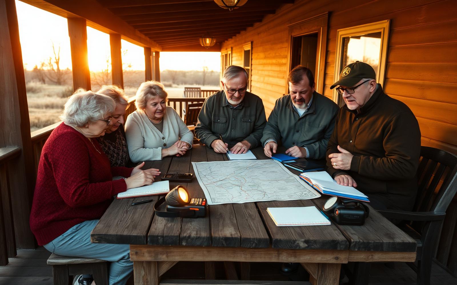 Three generations of a family and two neighbors planning around a paper topographic map on a porch at sunset